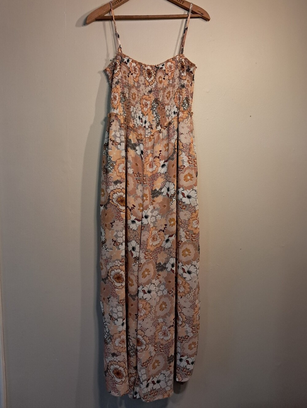 Kori Peach Floral Smocked Spaghetti-Strap Boho Jumpsuit Romper